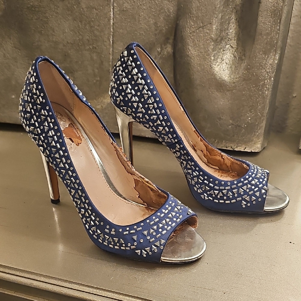 Vince Camuto Navy and Metallic Studded Heels